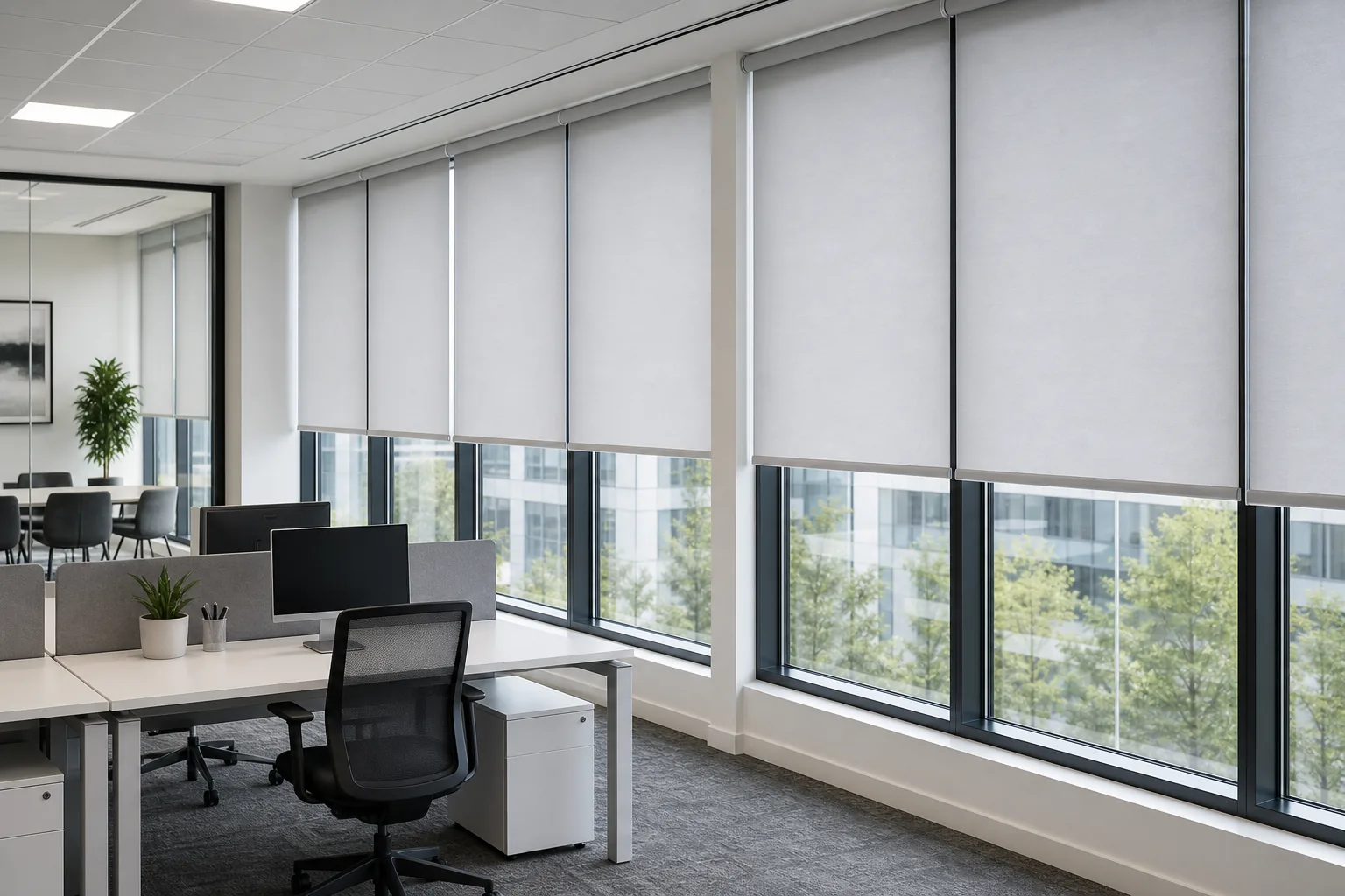 Commercial blinds fitted in a bright modern office