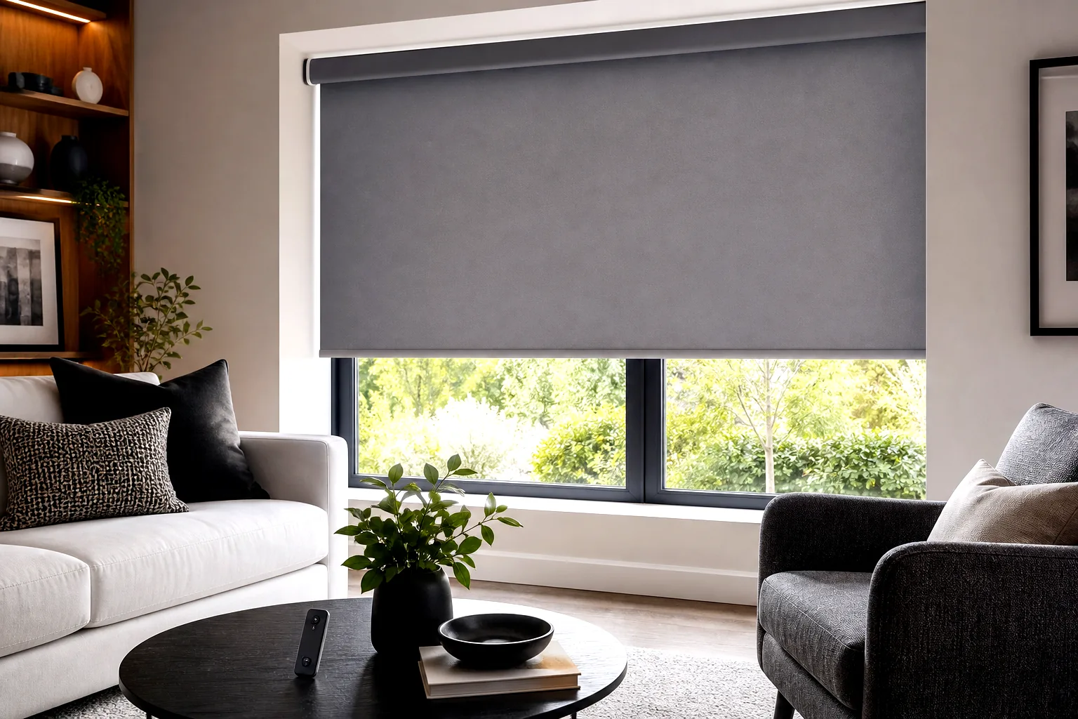 Motorised blinds in a modern UK living room