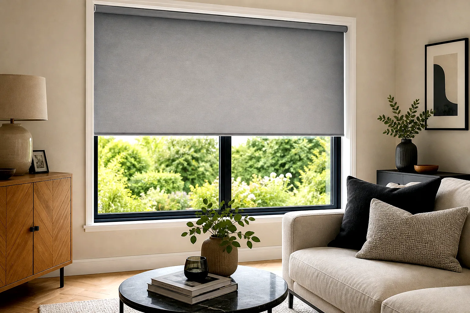 Roller blinds in a modern UK living room