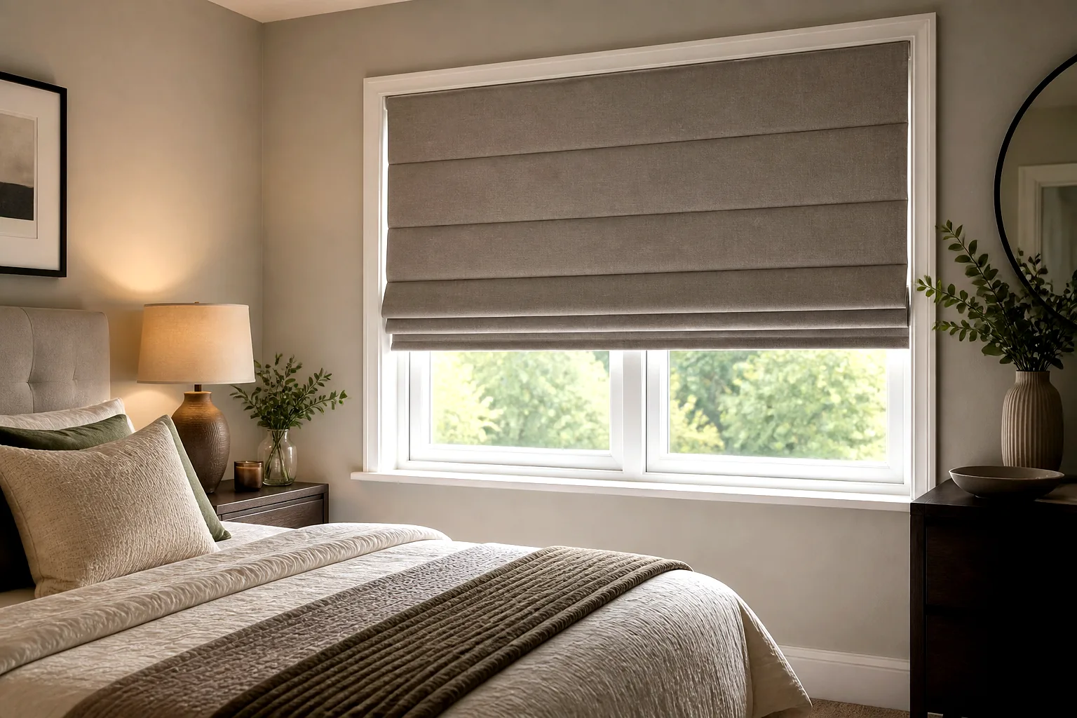 Roman blinds in a calm bedroom