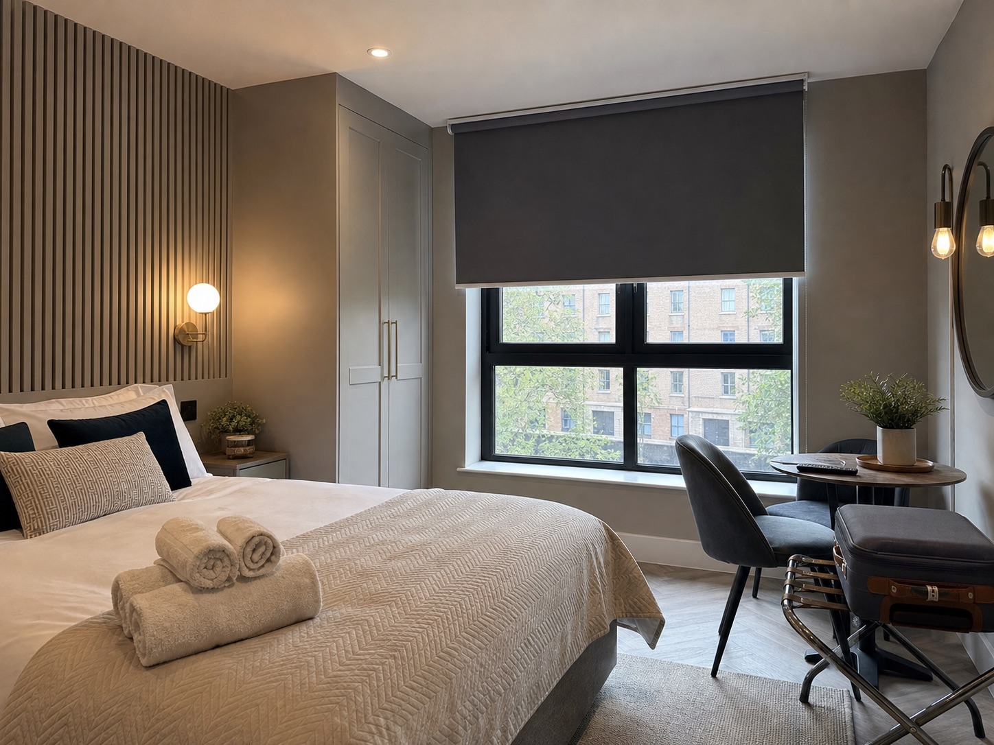 Serviced accommodation bedroom with blackout blind fitted