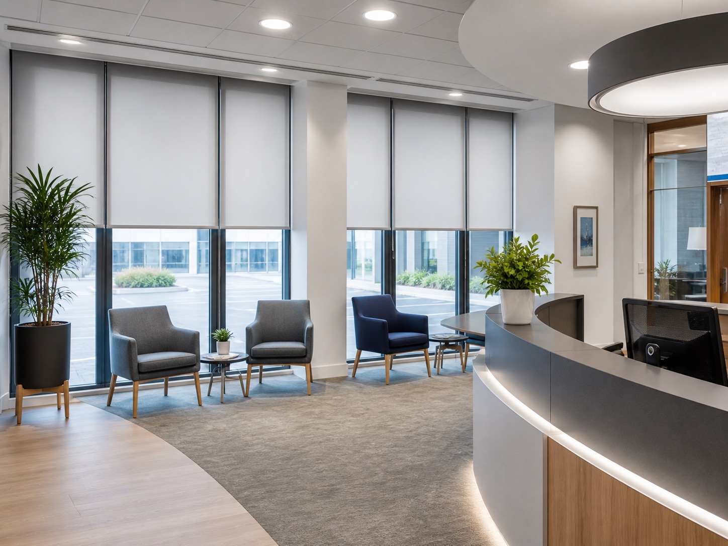 Commercial building reception with roller blinds fitted
