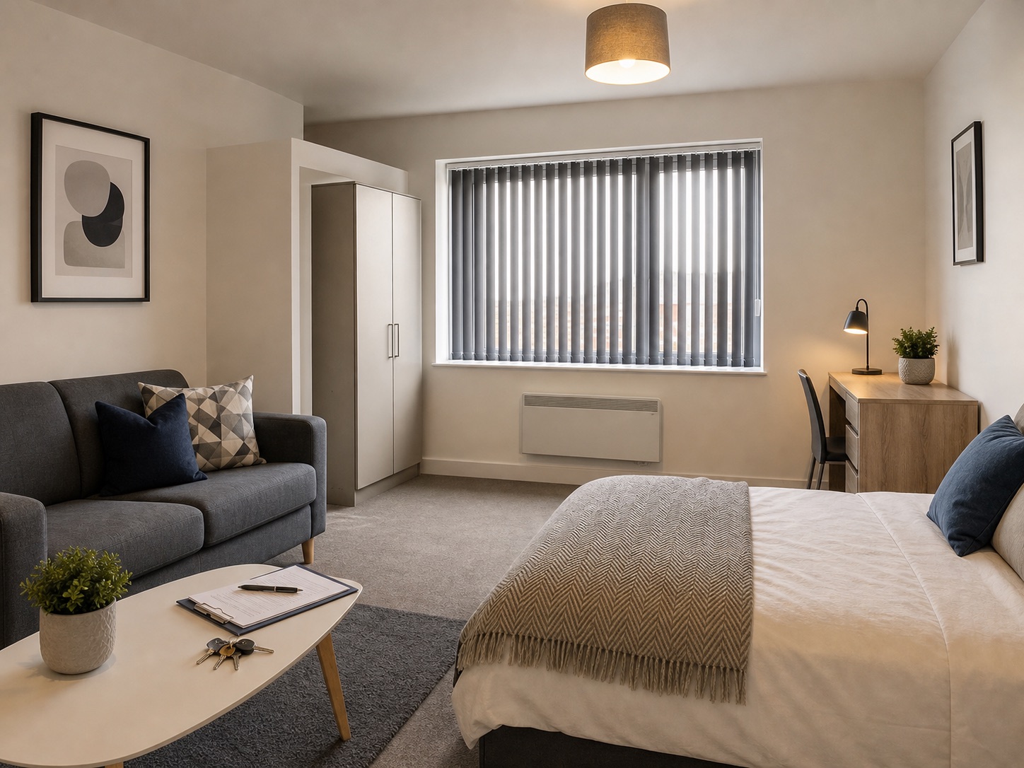 Rental property bedroom with practical vertical blinds fitted