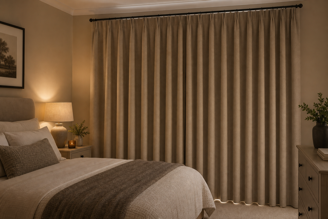 Blackout curtains fitted in a cosy bedroom
