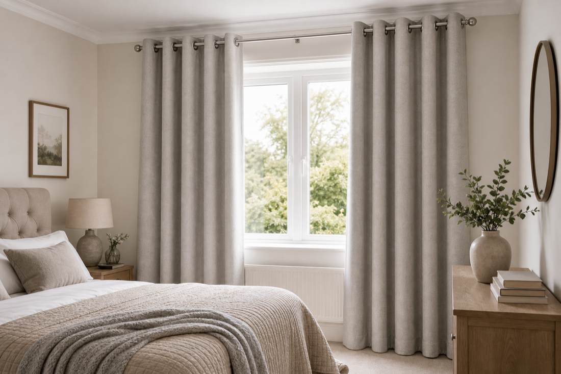 Eyelet curtains in a modern bedroom with soft daylight