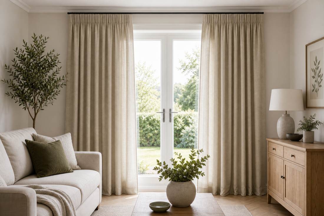 Pencil pleat curtains fitted in a bright Leeds living room