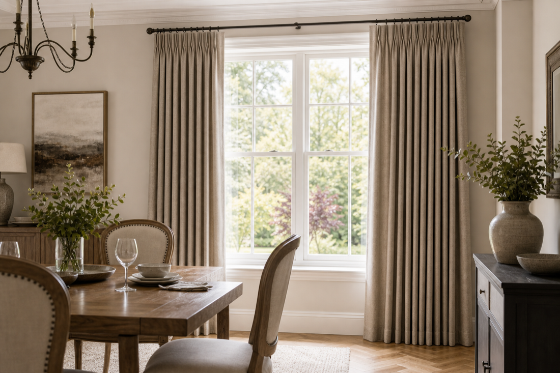 Pinch pleat curtains in an elegant dining room