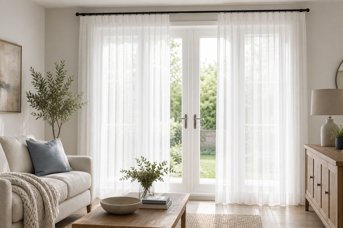 Voile curtains filtering daylight in a bright living room