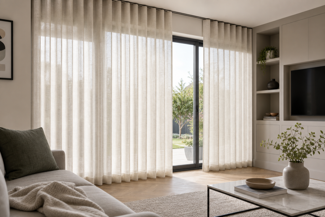 Wave curtains across wide windows in a contemporary living room