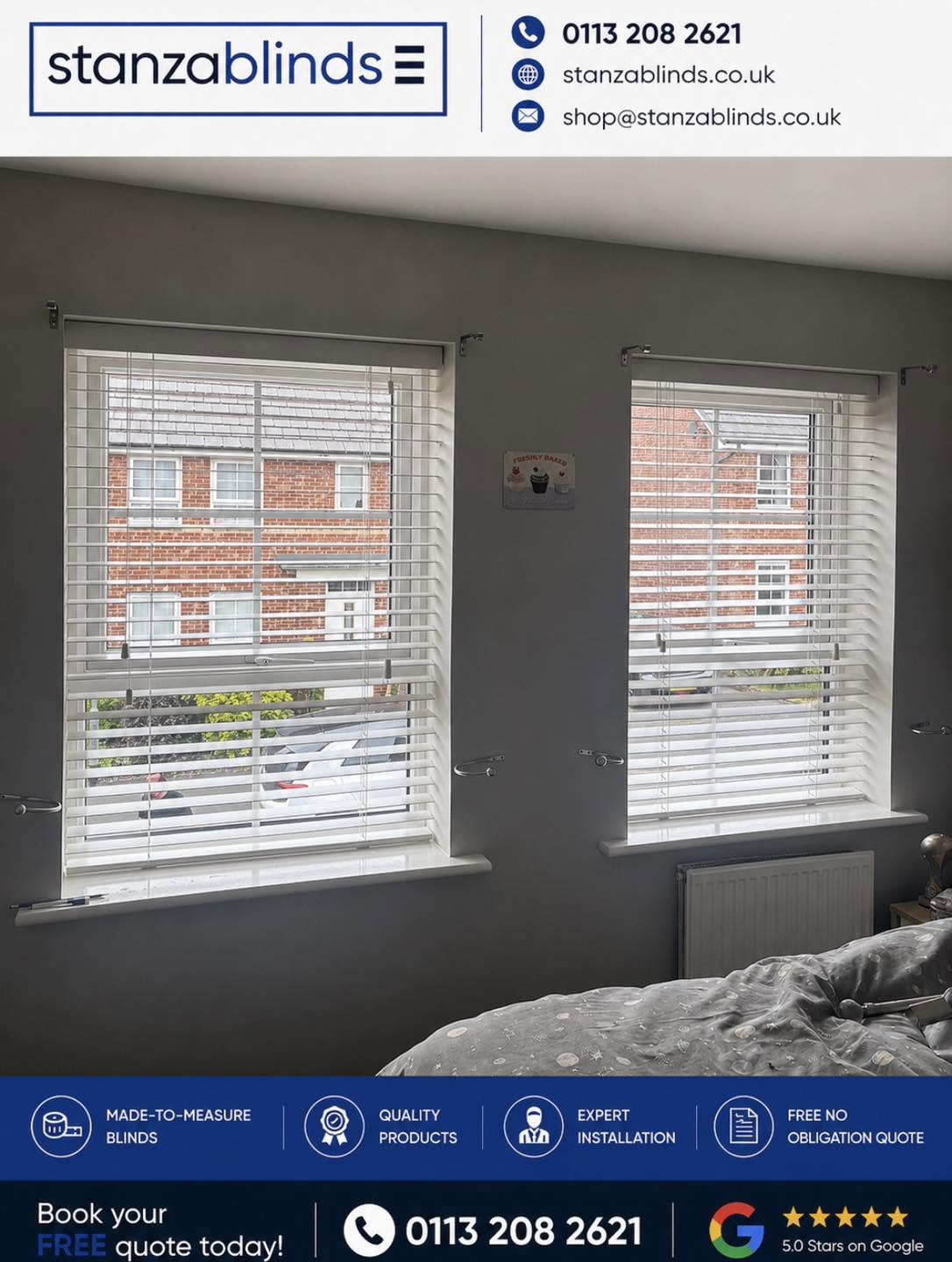 Stanza Blinds Facebook post showing white wood Venetian blinds