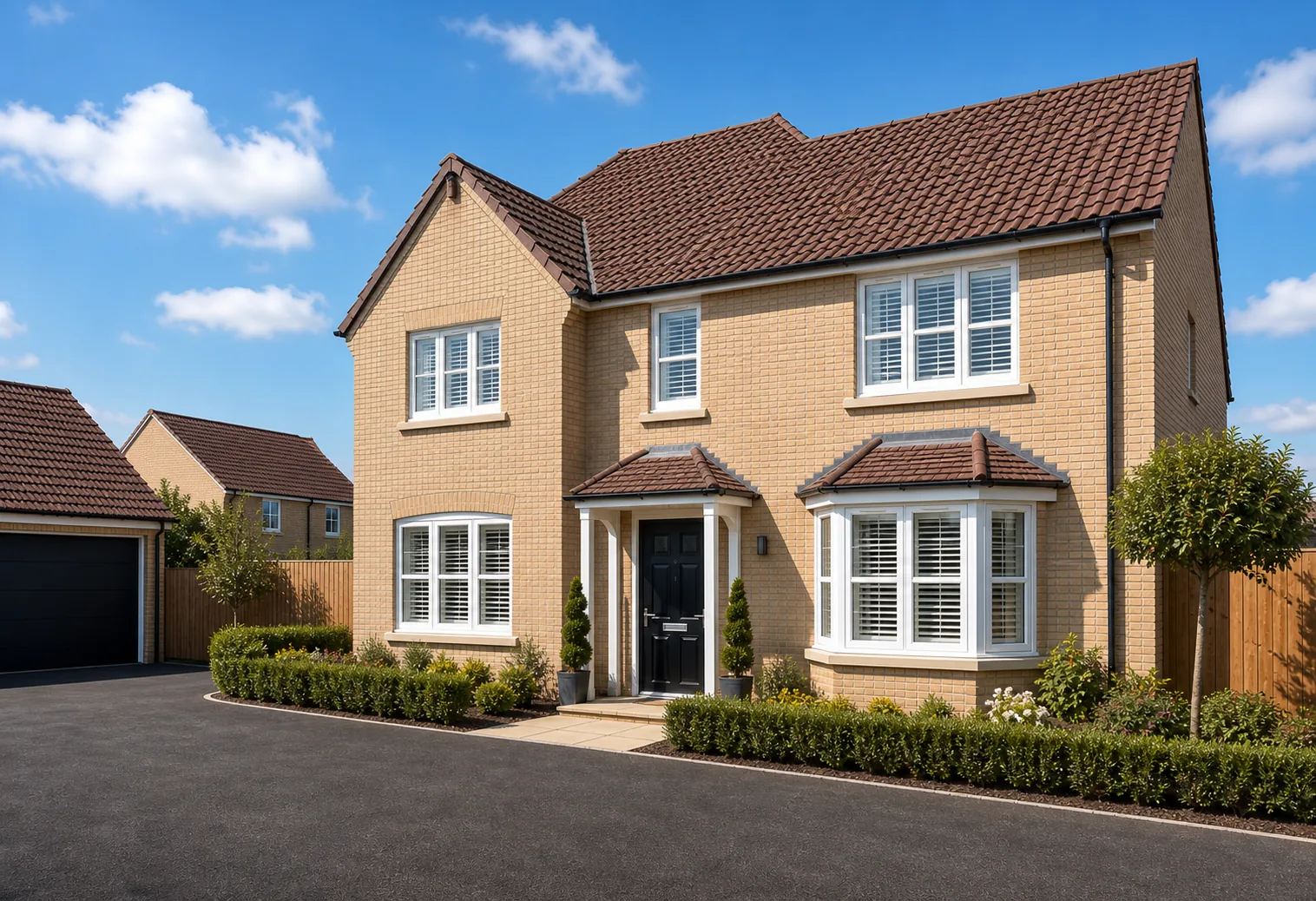 Different new build house exterior with white shutters fitted in the windows