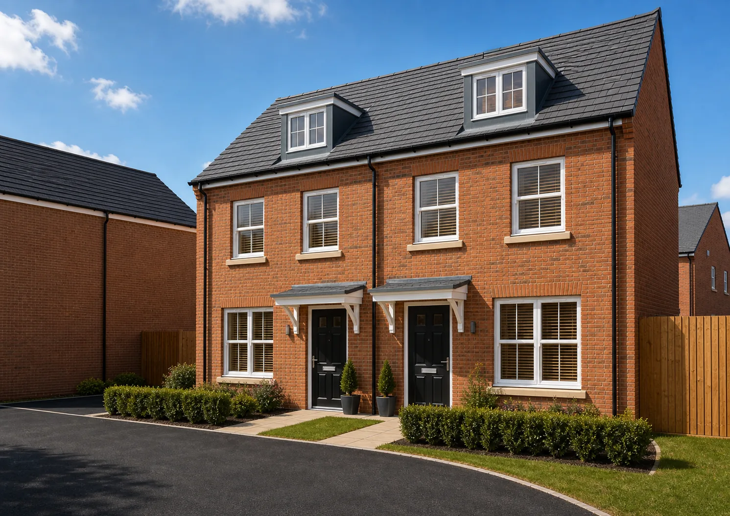 Red brick new build house exterior with wooden Venetian blinds fitted in the windows