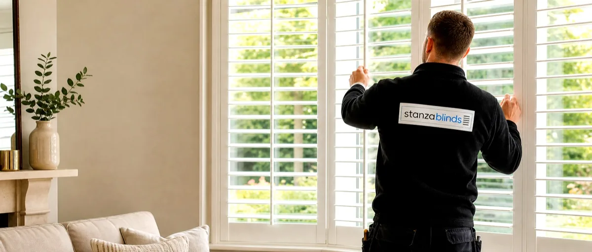 Stanza Blinds installer fitting shutters at a window