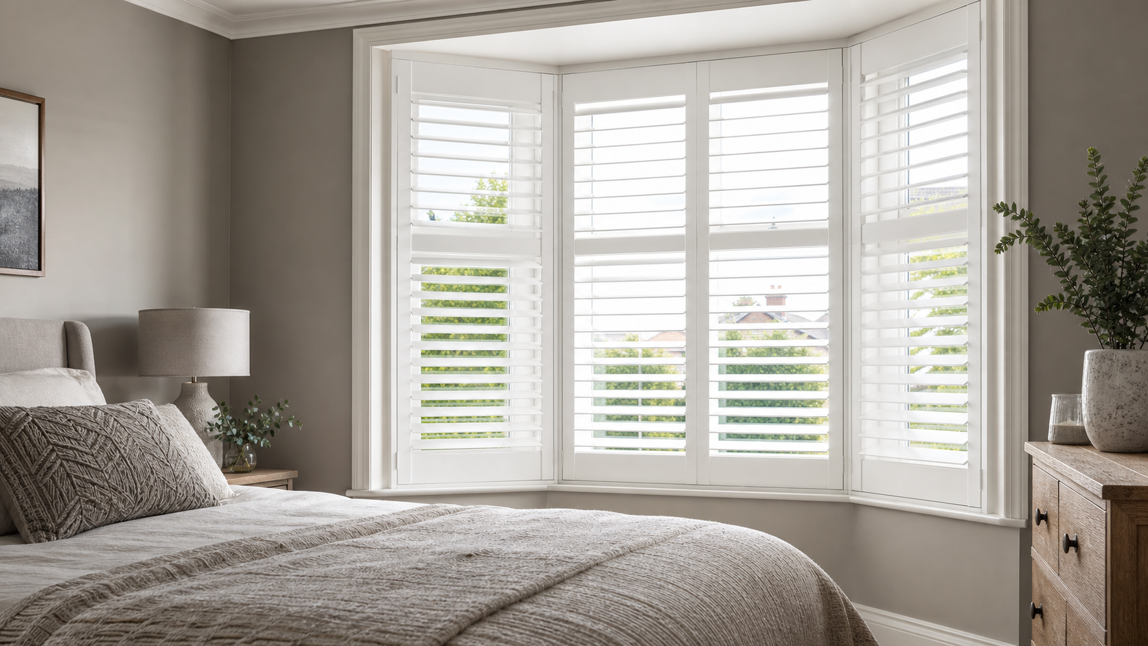 Bay window shutters in a bedroom