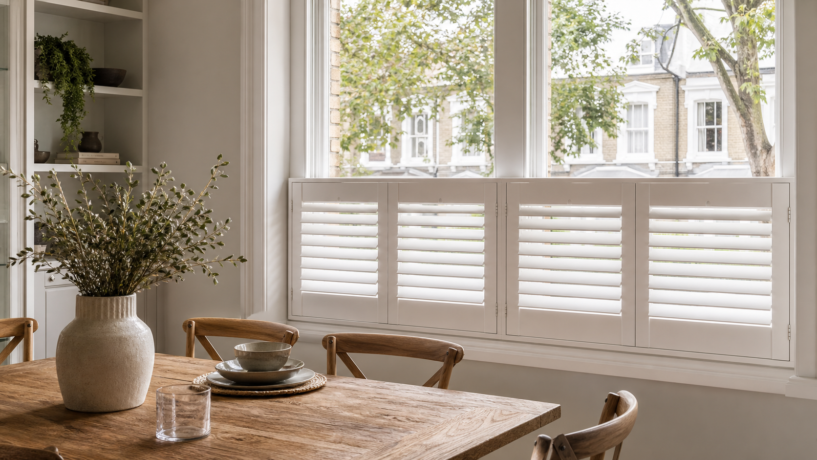 Cafe style shutters in a dining room