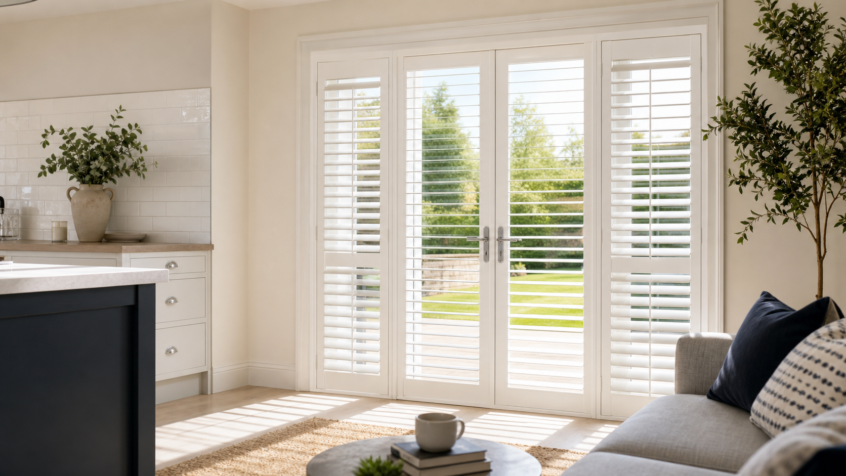 French door shutters in a bright room