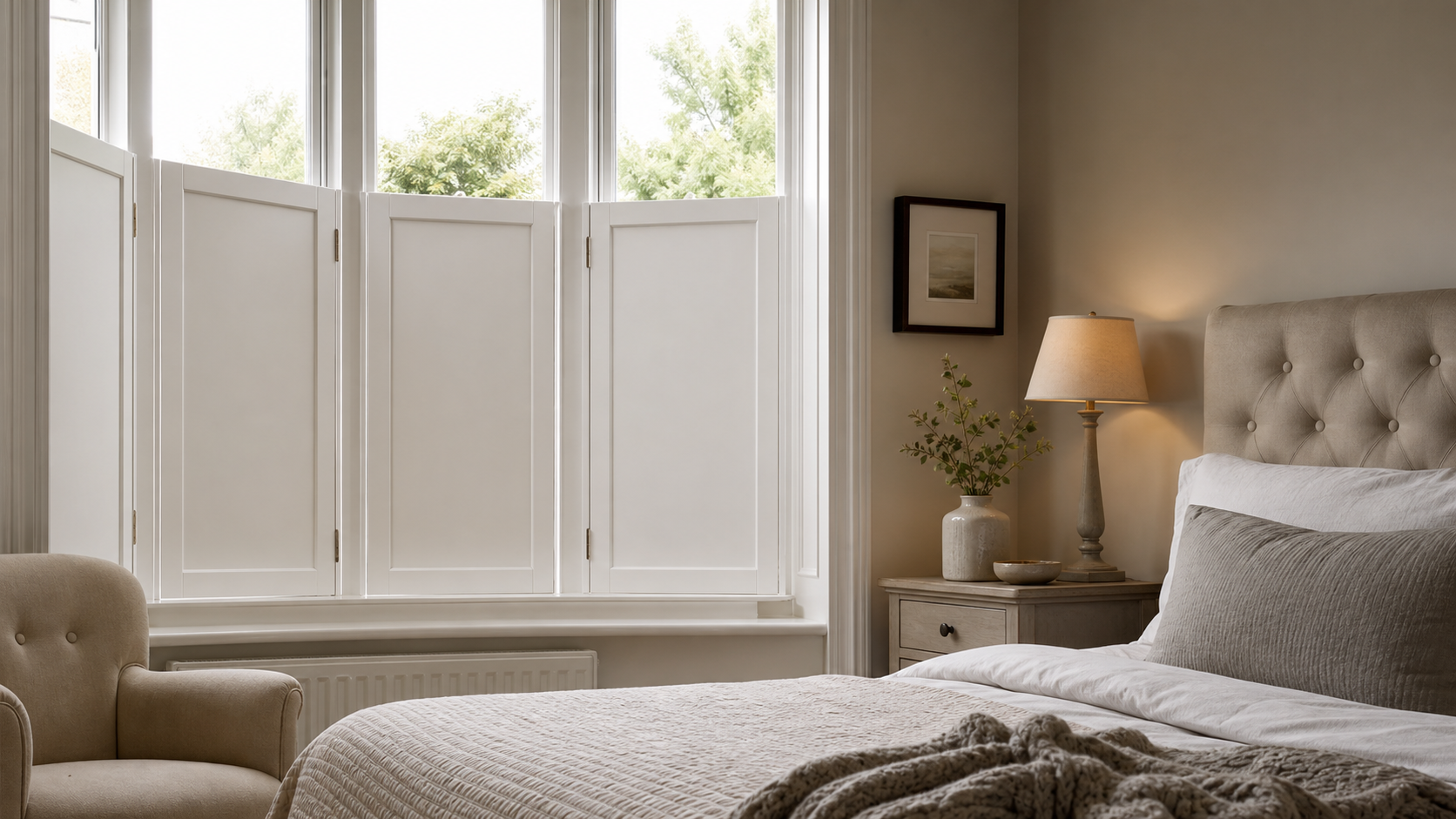 Solid panel shutters in a warm bedroom