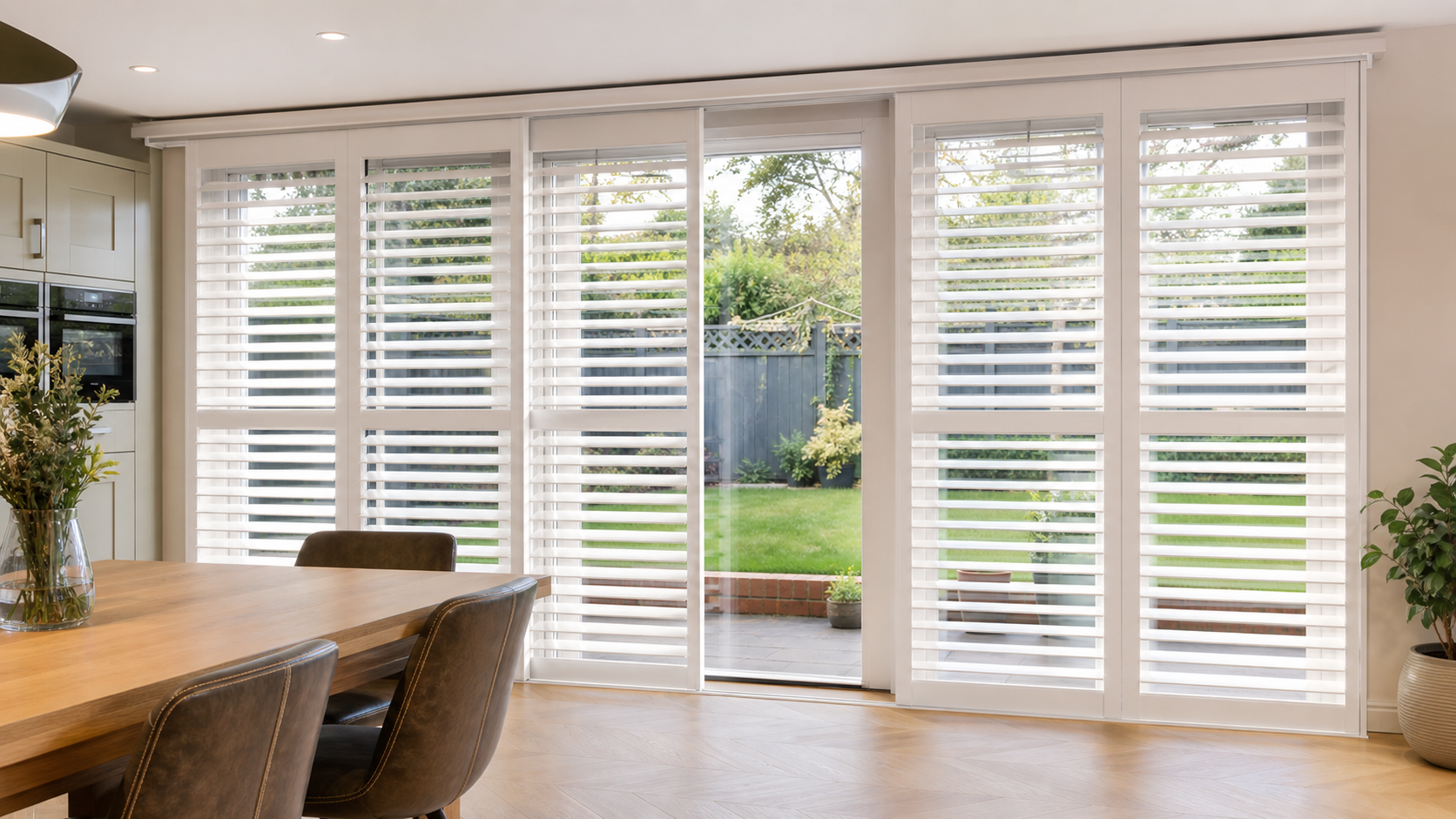 Tracked window shutters in a dining room