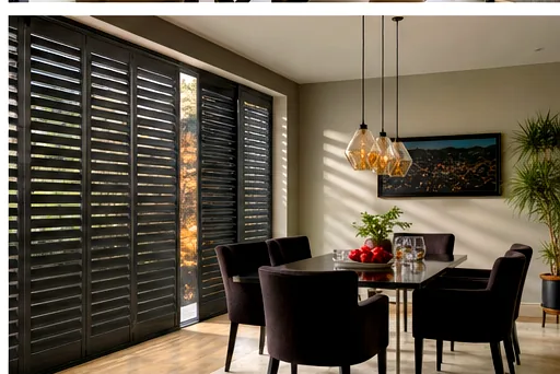 Tracked window shutters in a dining room