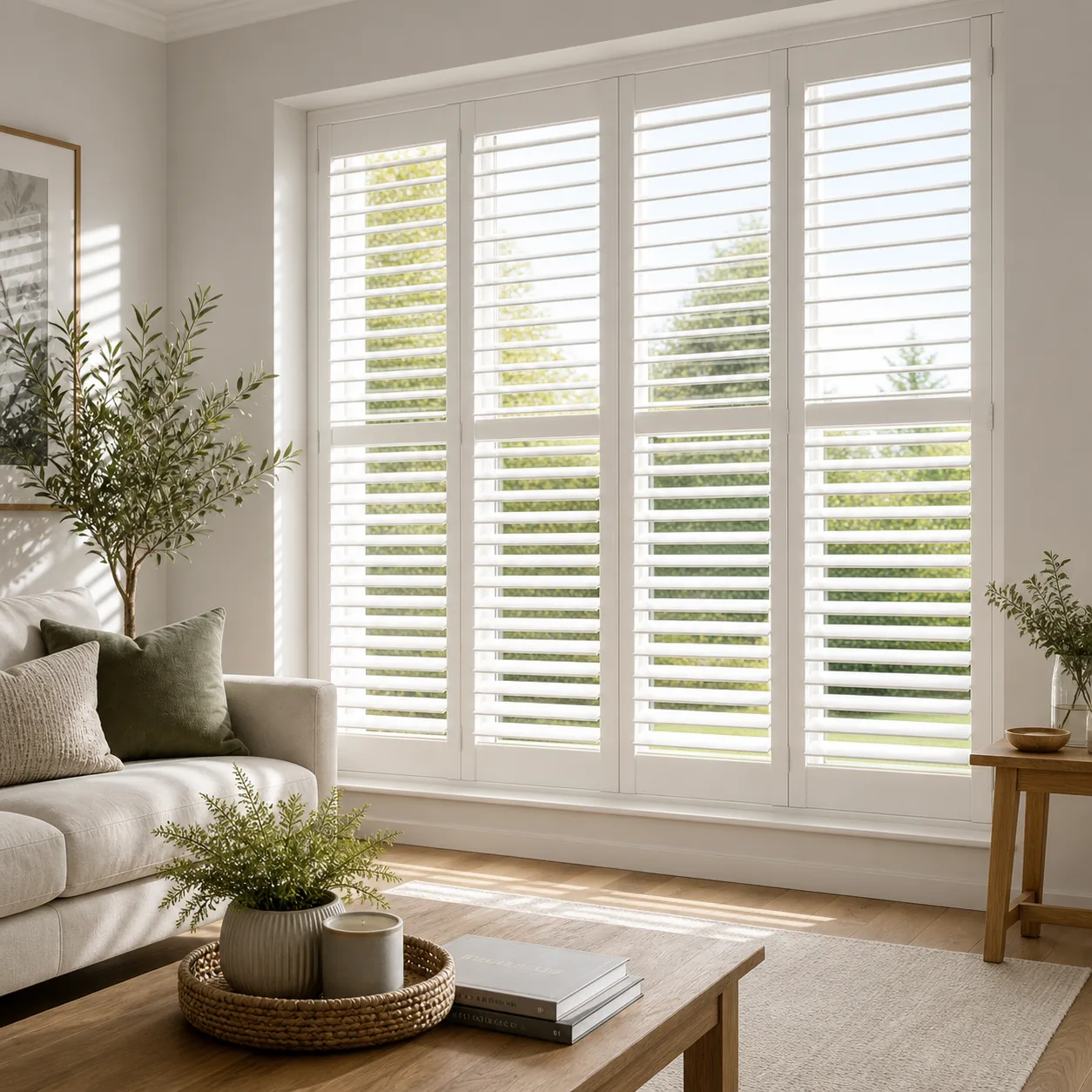 White made-to-measure shutters fitted in a bright living room
